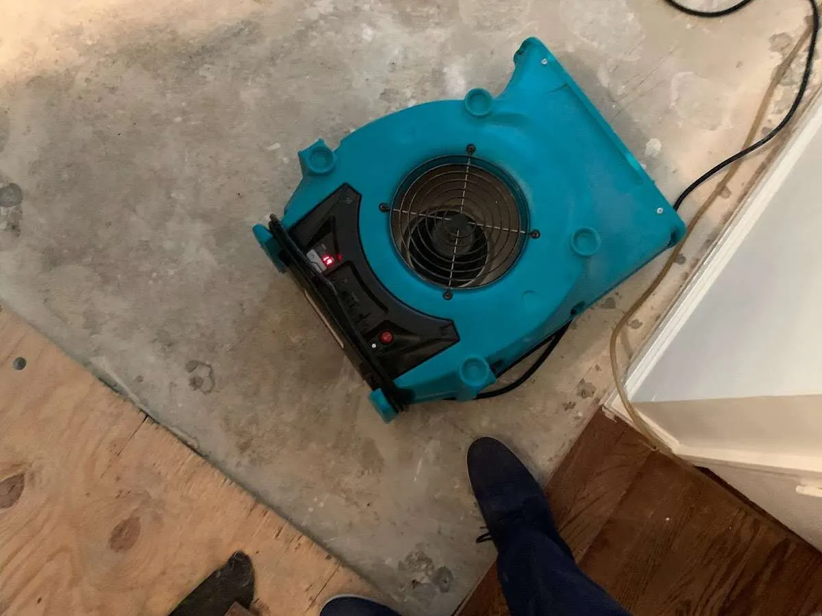 Air mover drying subfloor during Commercial Water Damage Restoration in Columbiana
